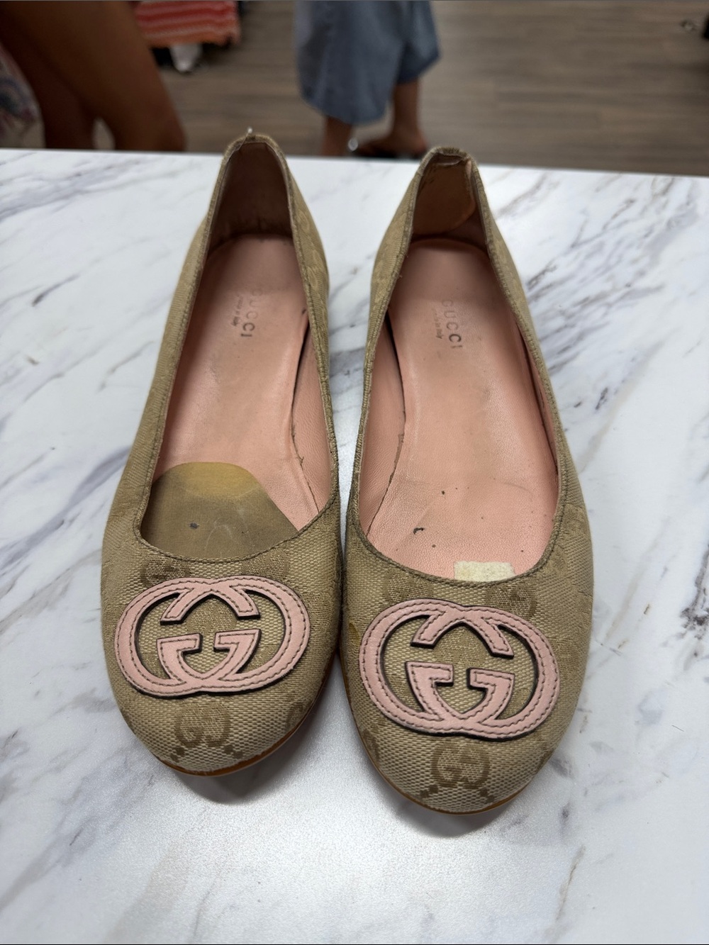 Gucci Beige Canvas Ballet Flats with Pink GG Applique